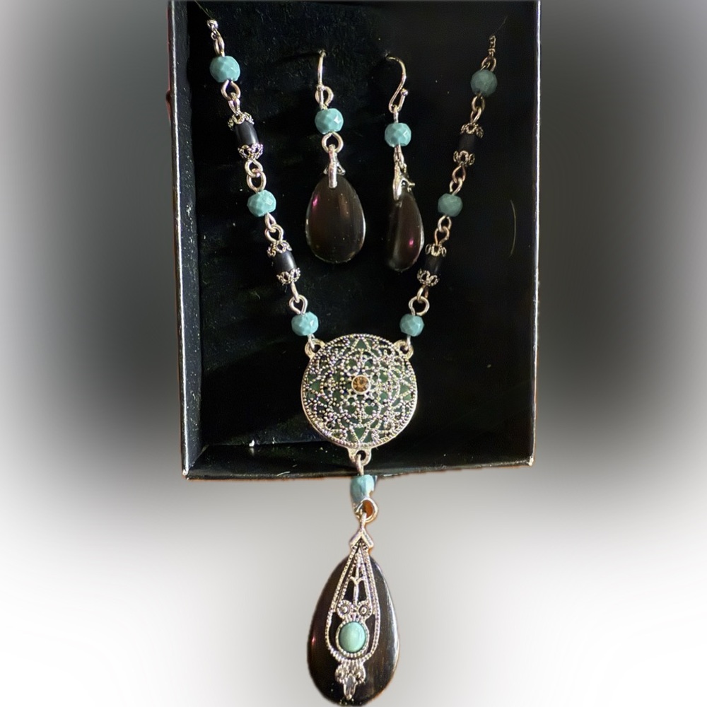 Blue and Black Necklace with Turquoise Pendant and Silver Chain